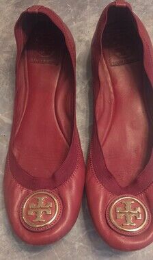 Tory Burch Red Leather Ballet Flats with Gold Logo